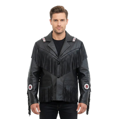 Man wearing a black leather jacket with fringes and patches - Native Leather Shop