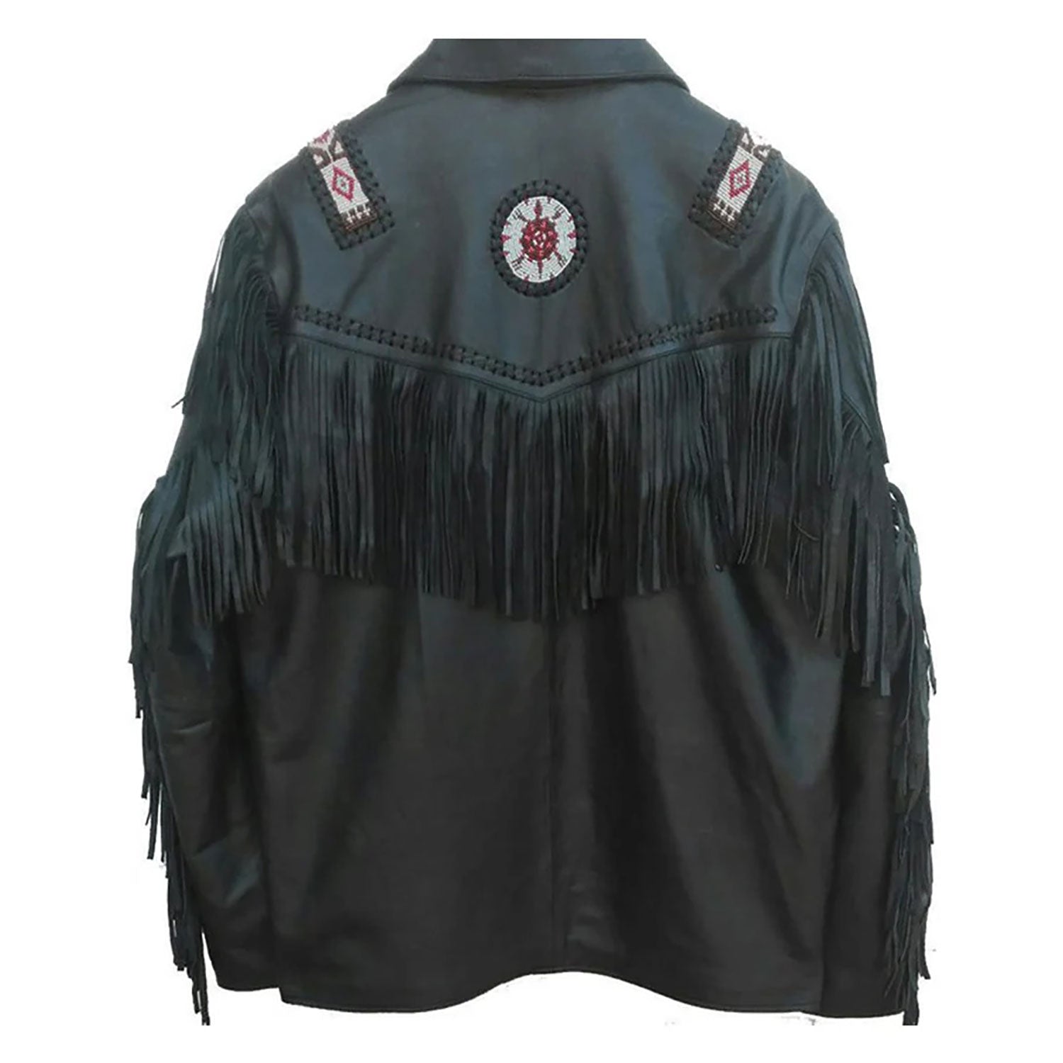 Black leather jacket with fringe and decorative back panel - Native Leather Shop
