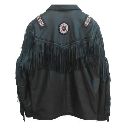 Black leather jacket with fringe and decorative back panel - Native Leather Shop