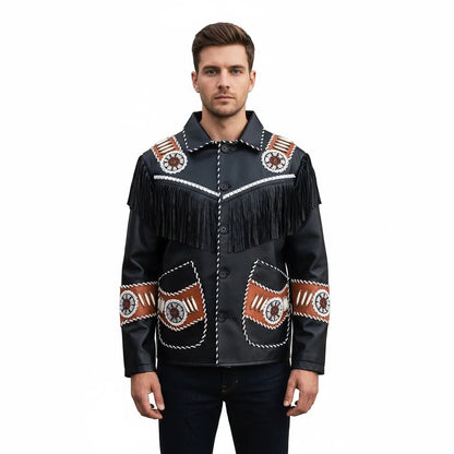 Man wearing a black leather jacket with fringe and Native American designs - Native Leather Shop