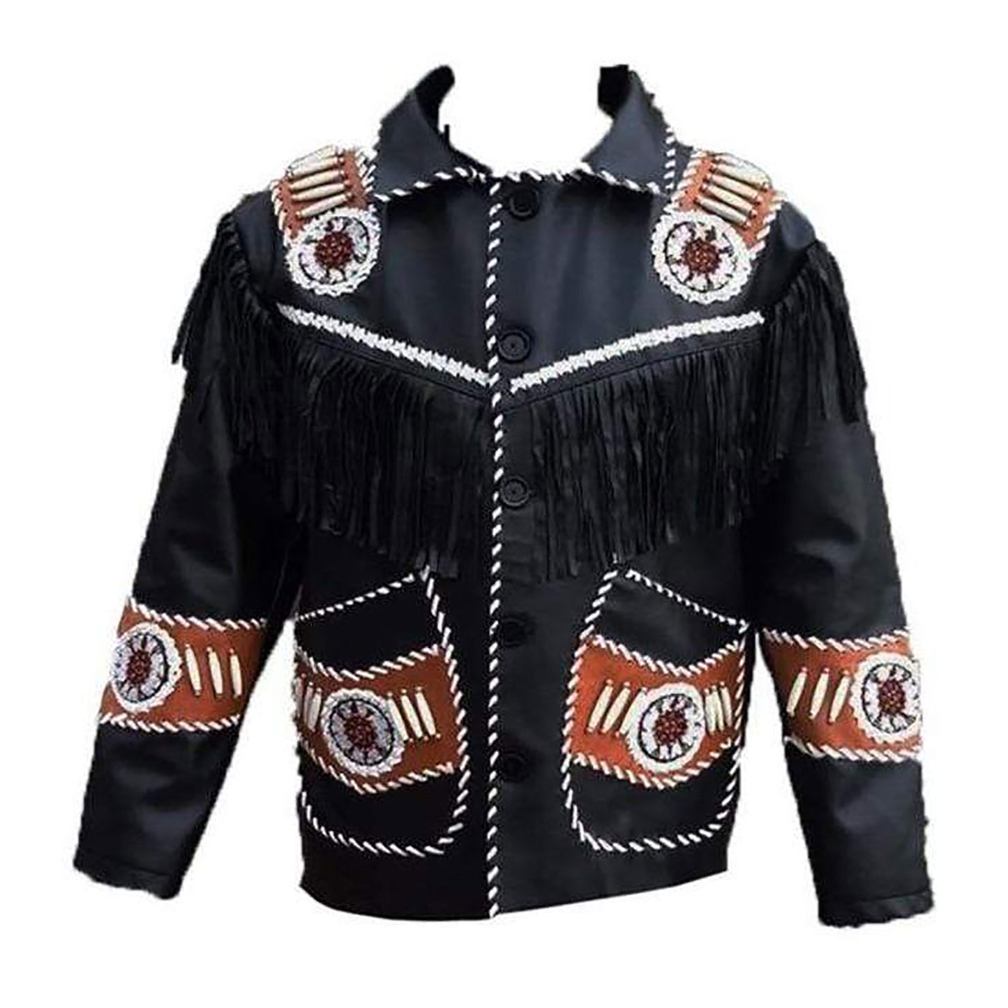 Black Western Leather Fringe Bone Beaded Cowboy Jacket NLS-245