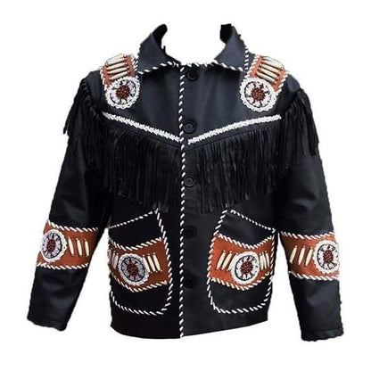 Black Western Leather Fringe Bone Beaded Cowboy Jacket NLS-245