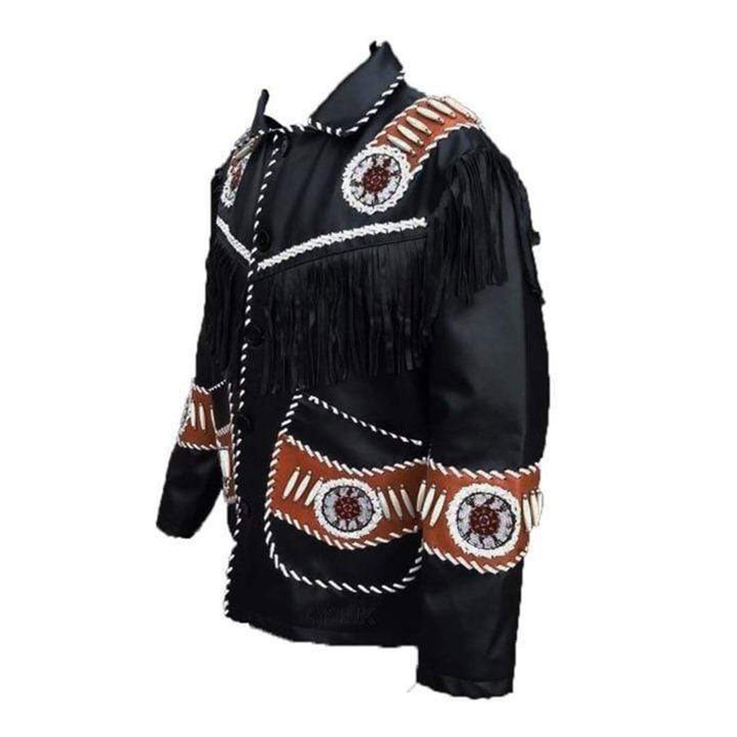 Black Western Leather Fringe Bone Beaded Cowboy Jacket NLS-245