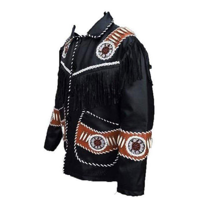 Black Western Leather Fringe Bone Beaded Cowboy Jacket NLS-245