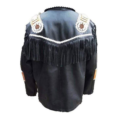 Black Western Leather Fringe Bone Beaded Cowboy Jacket NLS-245