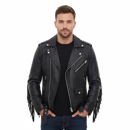 Black Western Leather Fringe Cowboy Jacket NLS-242