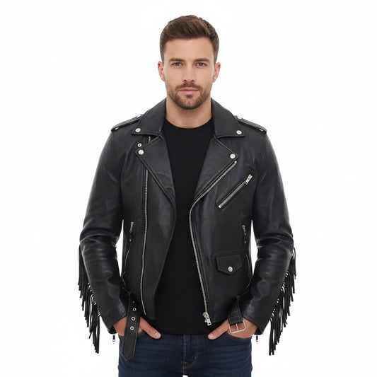 Black Western Leather Fringe Cowboy Jacket NLS-242