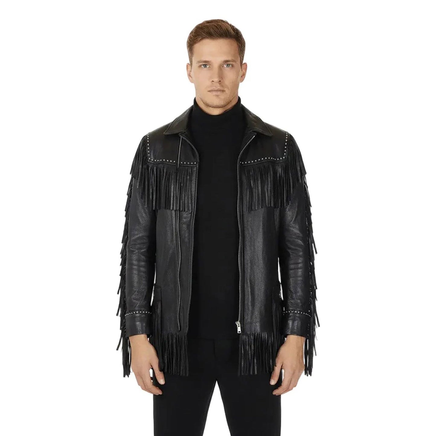 Black Western Leather Fringe Cowboy Jacket NLS-243