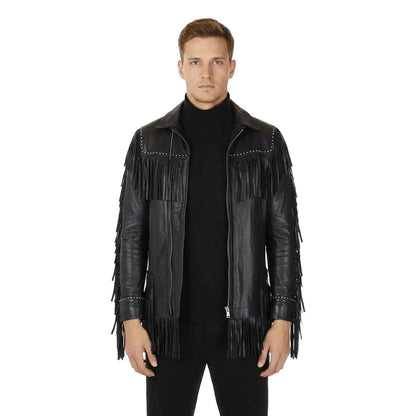 Black Western Leather Fringe Cowboy Jacket NLS-243