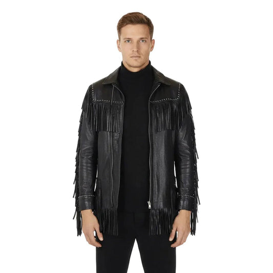 Black Western Leather Fringe Cowboy Jacket NLS-243