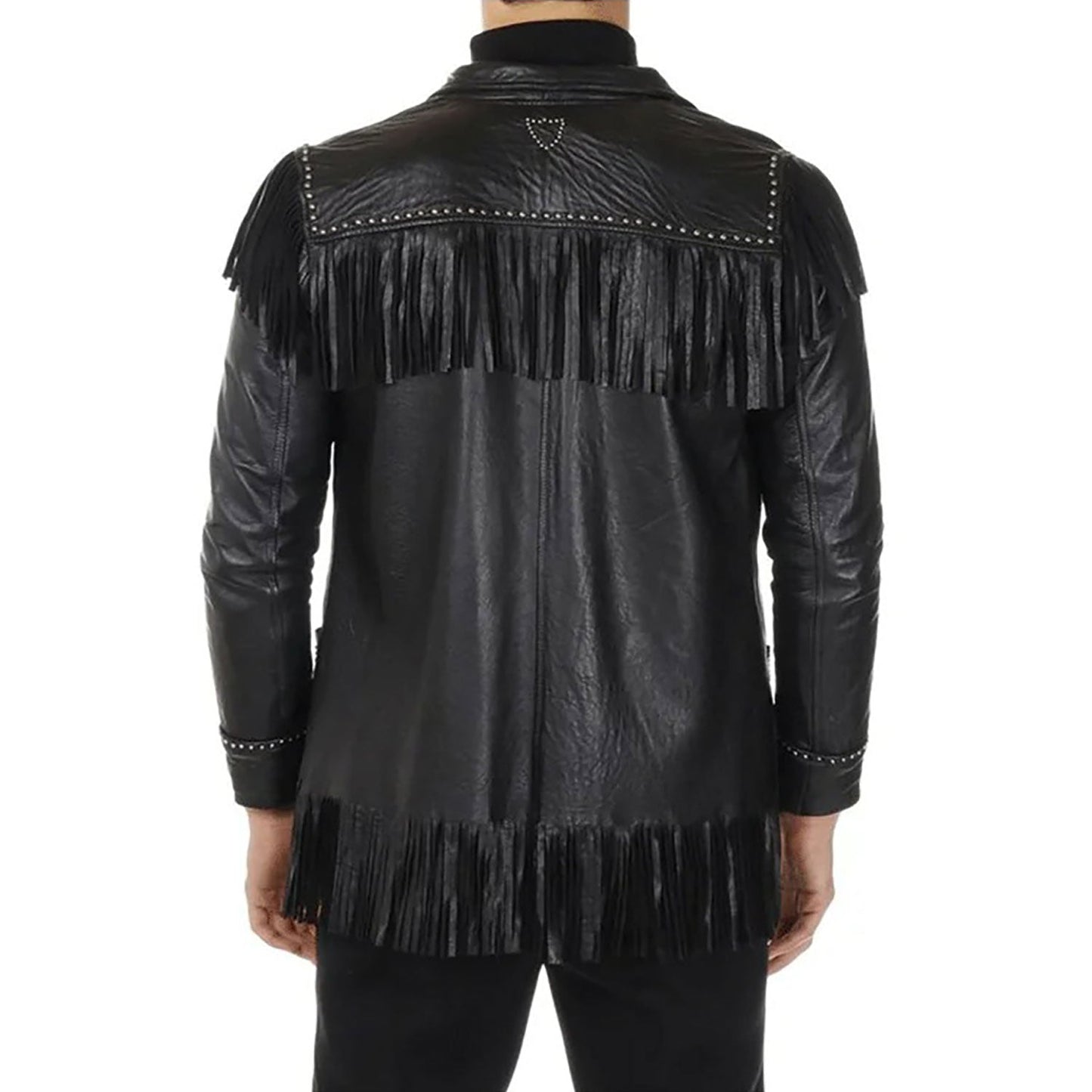 Black Western Leather Fringe Cowboy Jacket NLS-243