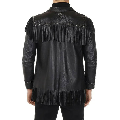 Black Western Leather Fringe Cowboy Jacket NLS-243