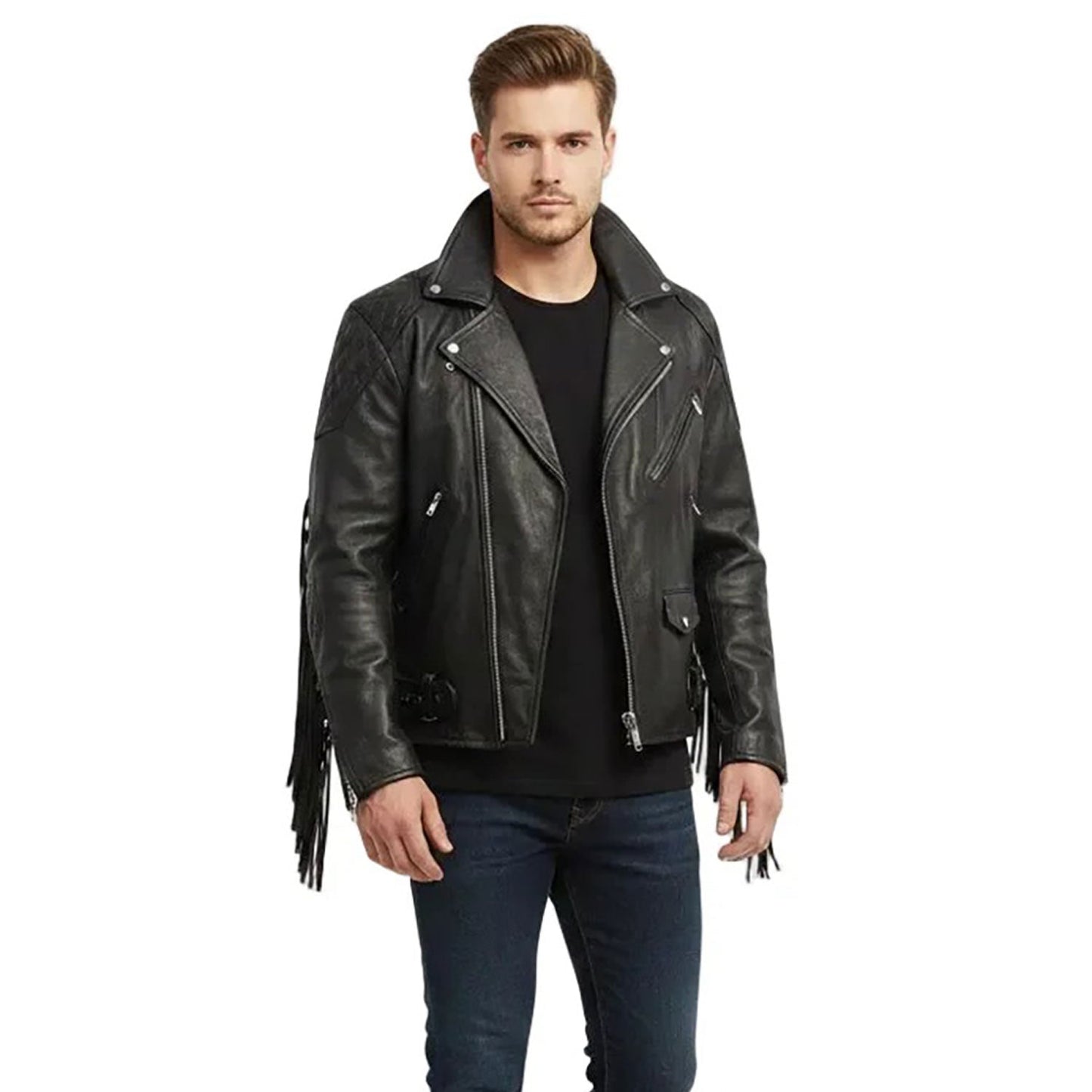 Black Western Leather Fringe Cowboy Jacket NLS-244