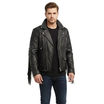 Black Western Leather Fringe Cowboy Jacket NLS-244