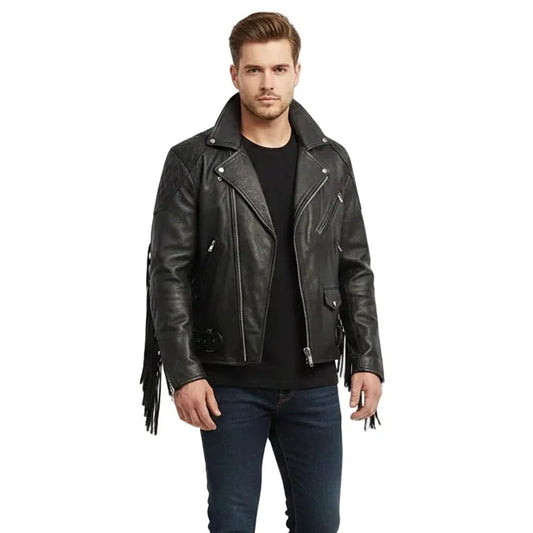 Black Western Leather Fringe Cowboy Jacket NLS-244