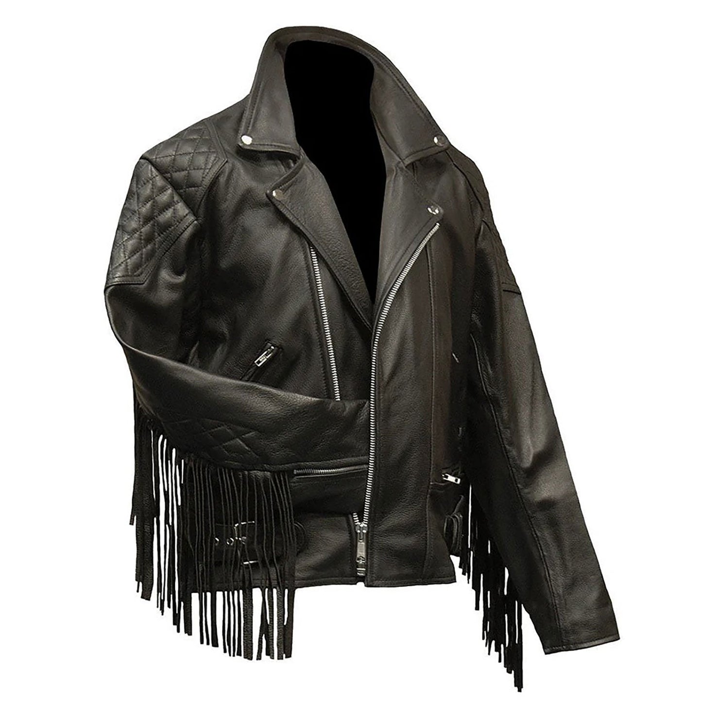 Black Western Leather Fringe Cowboy Jacket NLS-244