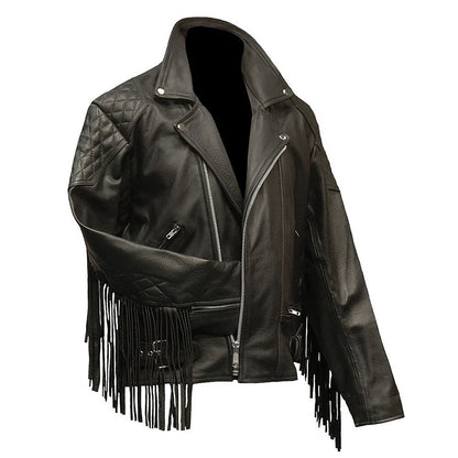 Black Western Leather Fringe Cowboy Jacket NLS-244
