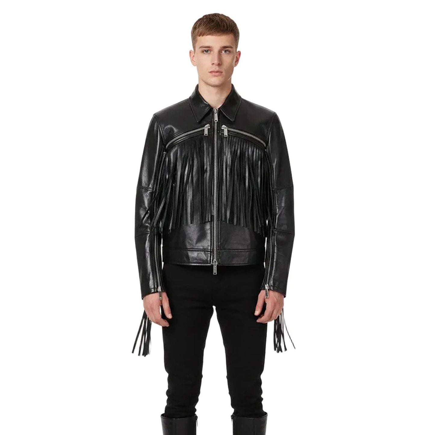 Black Western Long Fringe Leather Cowboy Jacket NLS-241