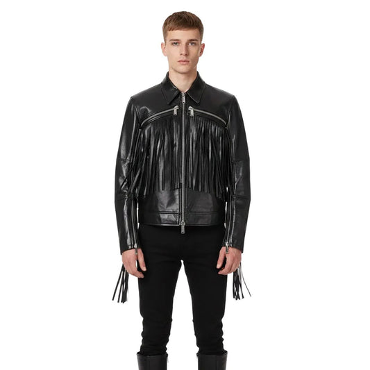 Black Western Long Fringe Leather Cowboy Jacket NLS-241