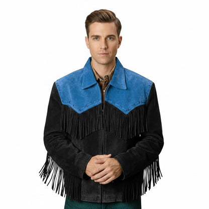 Man wearing a black and blue fringed jacket - Native Leather Shop
