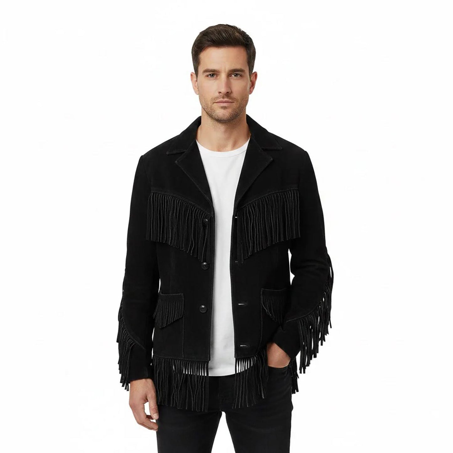 Black Western Suede Leather Fringe Cowboy Jacket NLS-225