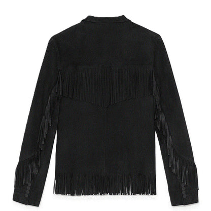 Black Western Suede Leather Fringe Cowboy Jacket NLS-225