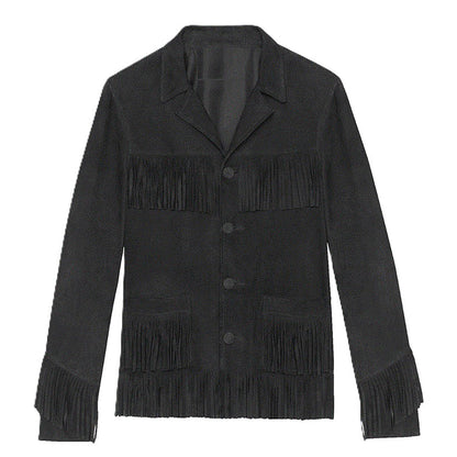 Black Western Suede Leather Fringe Cowboy Jacket NLS-225