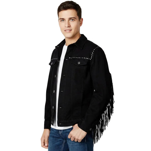 Black Western Suede Leather Fringe Cowboy Jacket NLS-226