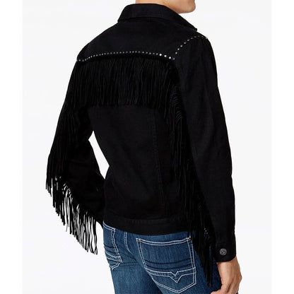 Black Western Suede Leather Fringe Cowboy Jacket NLS-226