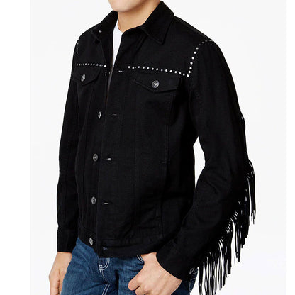 Black Western Suede Leather Fringe Cowboy Jacket NLS-226