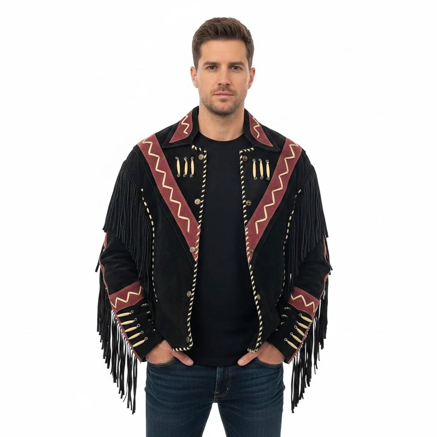 Black Western Suede Leather Fringe Cowboy Jacket NLS-227