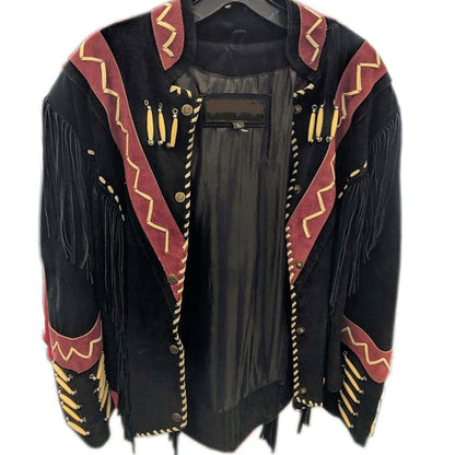 Black Western Suede Leather Fringe Cowboy Jacket NLS-227