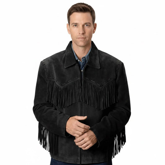 Black Western Suede Leather Fringe Cowboy Jacket NLS-228