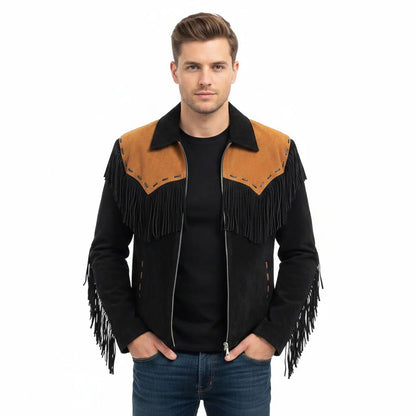 Black Western Suede Leather Fringe Cowboy Jacket NLS-229