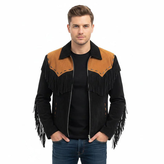 Black Western Suede Leather Fringe Cowboy Jacket NLS-229