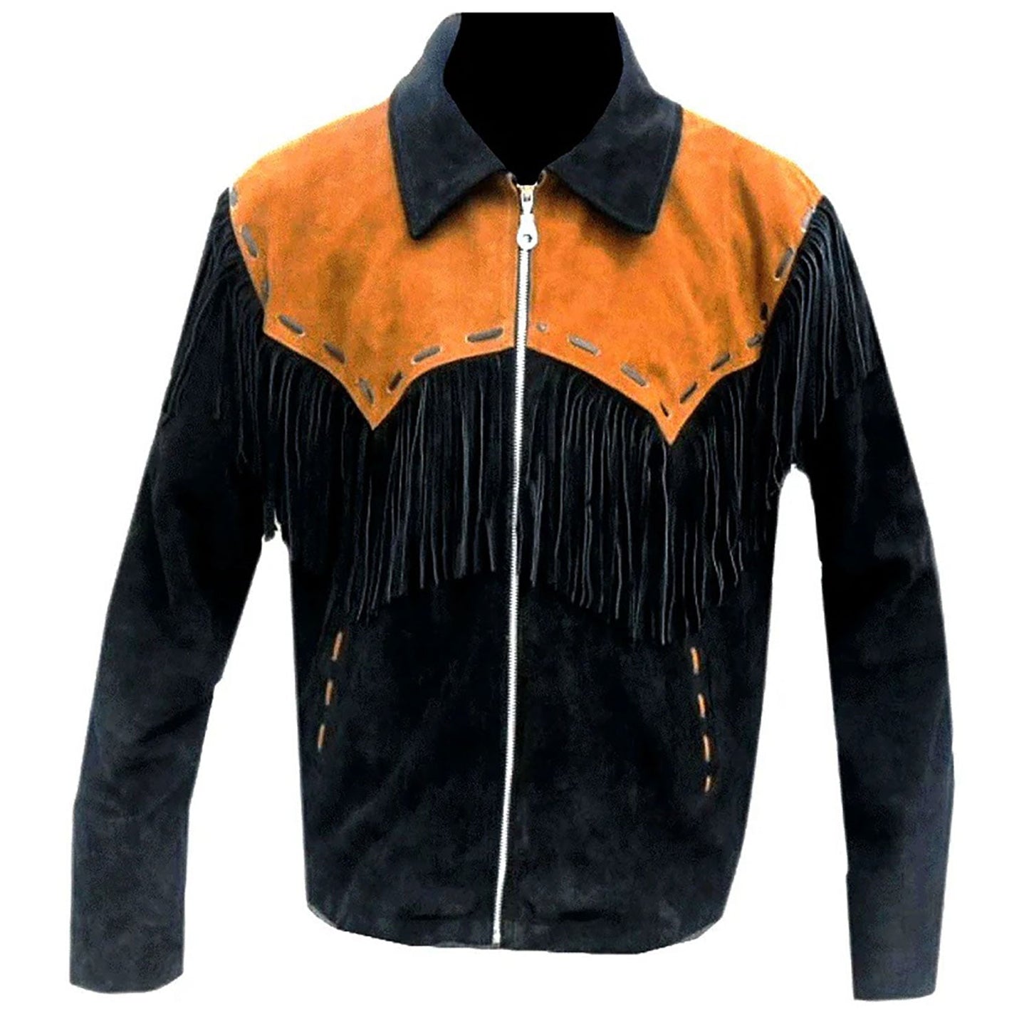 Black Western Suede Leather Fringe Cowboy Jacket NLS-229