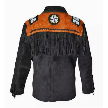 Black Western Suede Leather Fringe Eagle Beaded Cowboy Jacket NLS-230