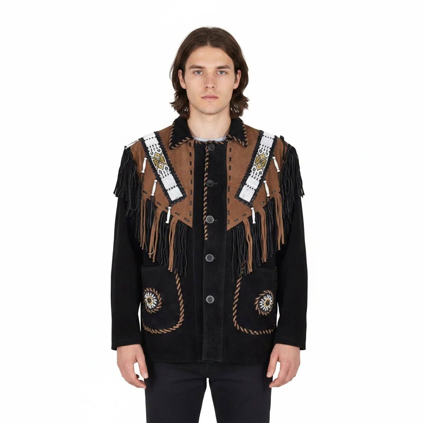 Man wearing a black and brown fringed jacket - Native Leather Shop