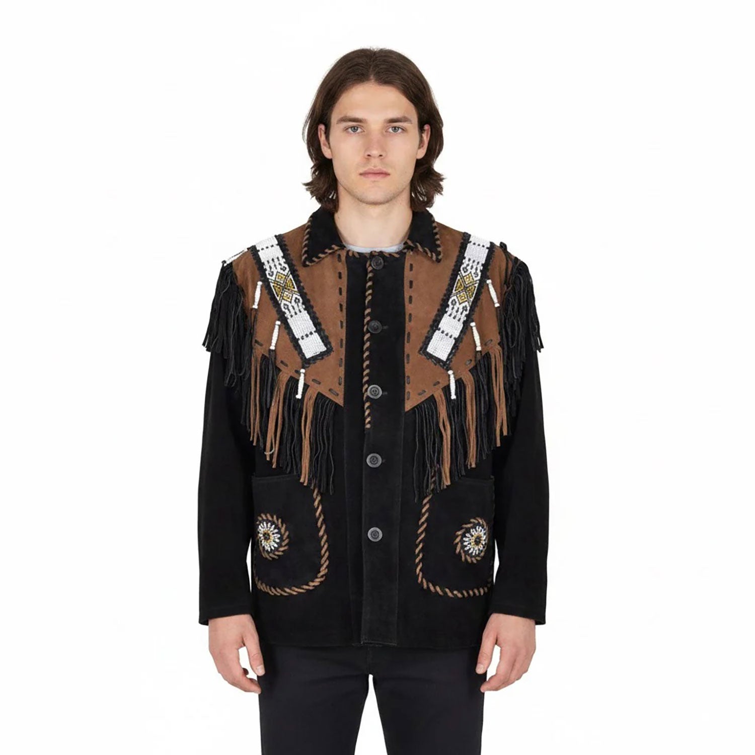 Man wearing a black and brown fringed jacket - Native Leather Shop