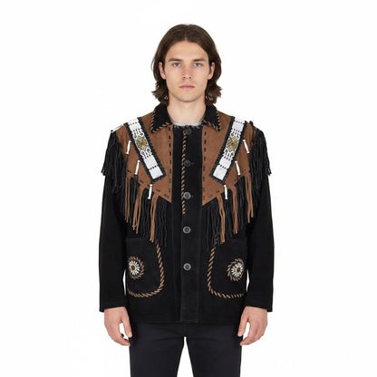 Man wearing a black and brown fringed jacket - Native Leather Shop