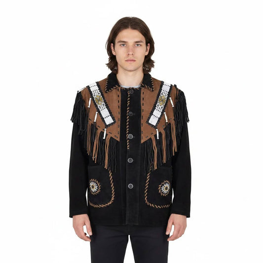 Man wearing a black and brown fringed jacket - Native Leather Shop