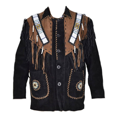 Black Western Suede Leather Fringe Eagle Beaded Cowboy Jacket NLS-232