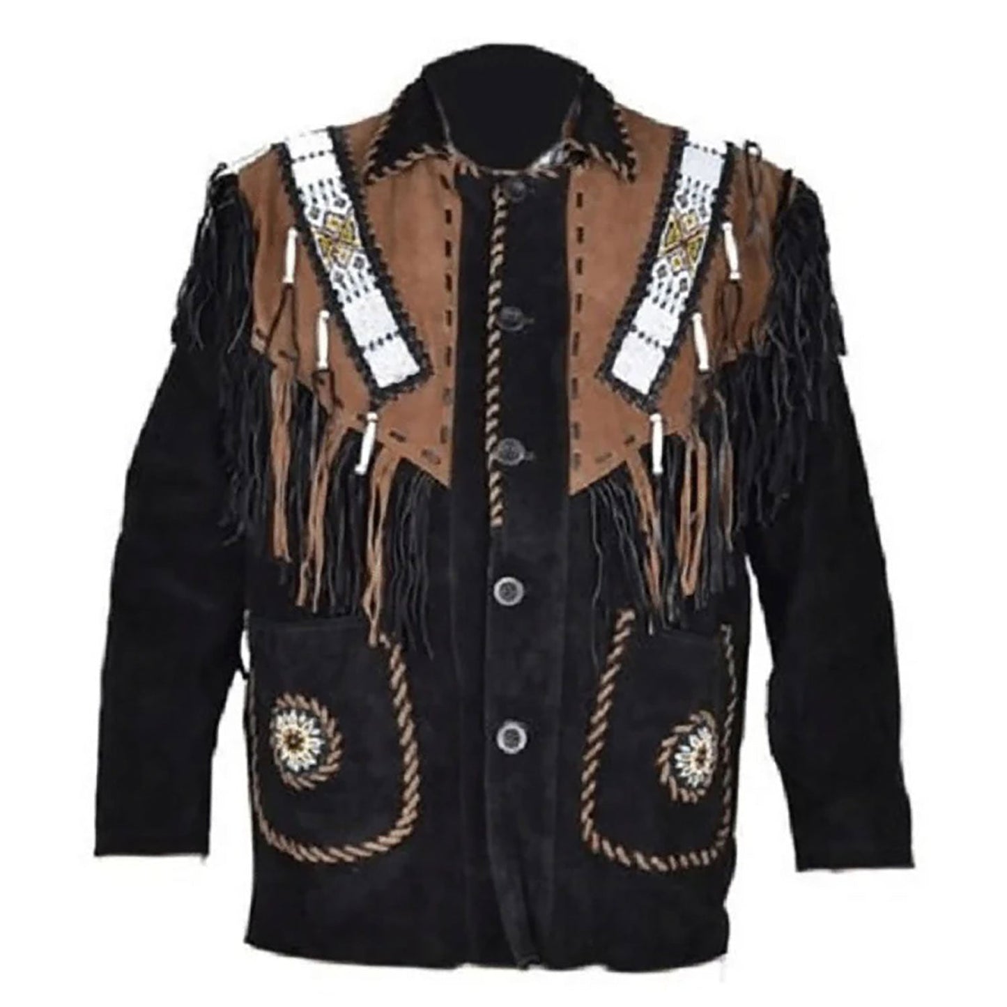 Black Western Suede Leather Fringe Eagle Beaded Cowboy Jacket NLS-232