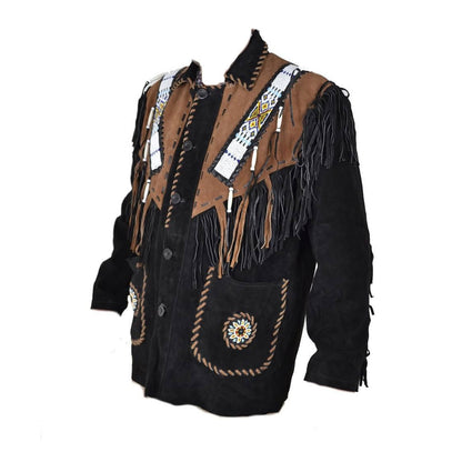 Black Western Suede Leather Fringe Eagle Beaded Cowboy Jacket NLS-232