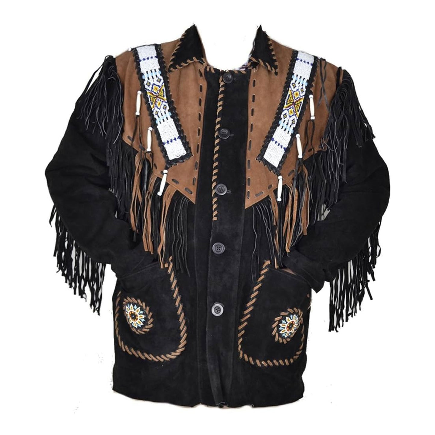 Black Western Suede Leather Fringe Eagle Beaded Cowboy Jacket NLS-232