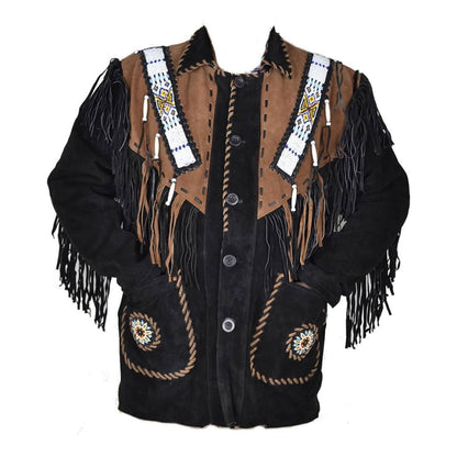 Black Western Suede Leather Fringe Eagle Beaded Cowboy Jacket NLS-232