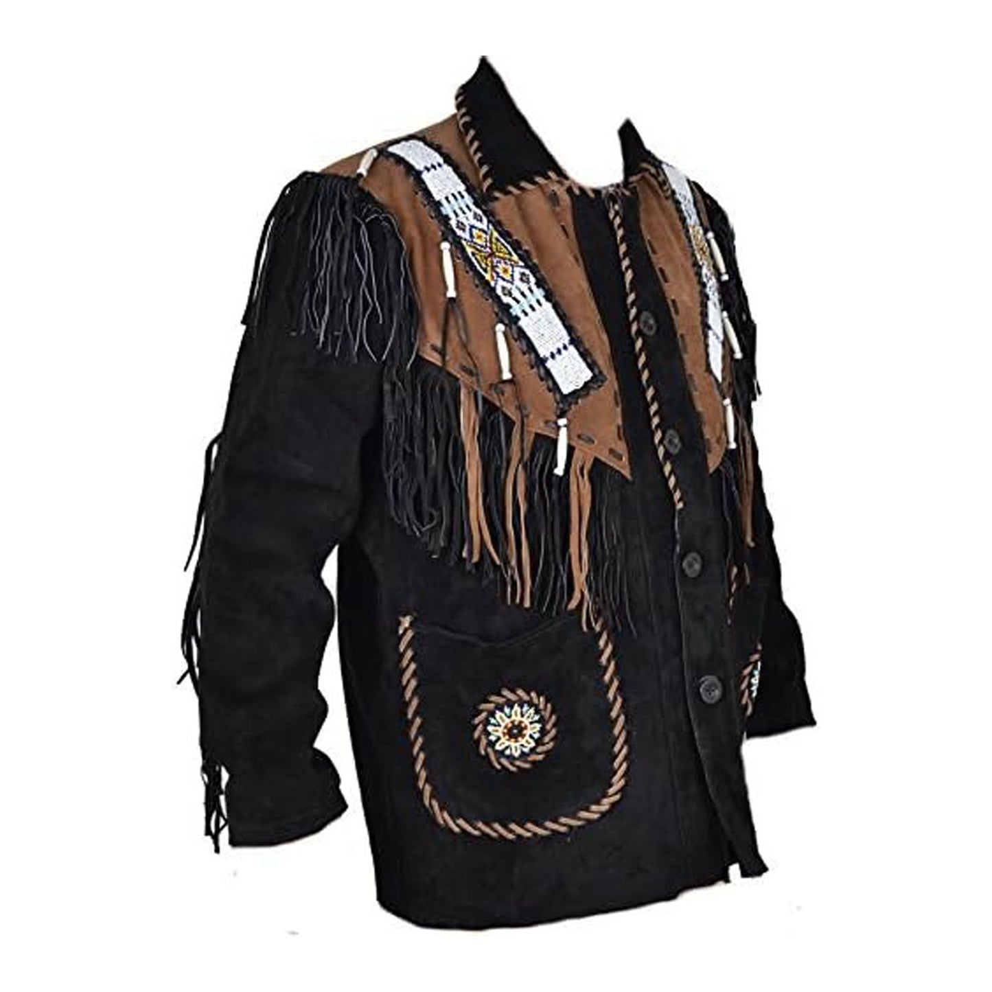 Black Western Suede Leather Fringe Eagle Beaded Cowboy Jacket NLS-232