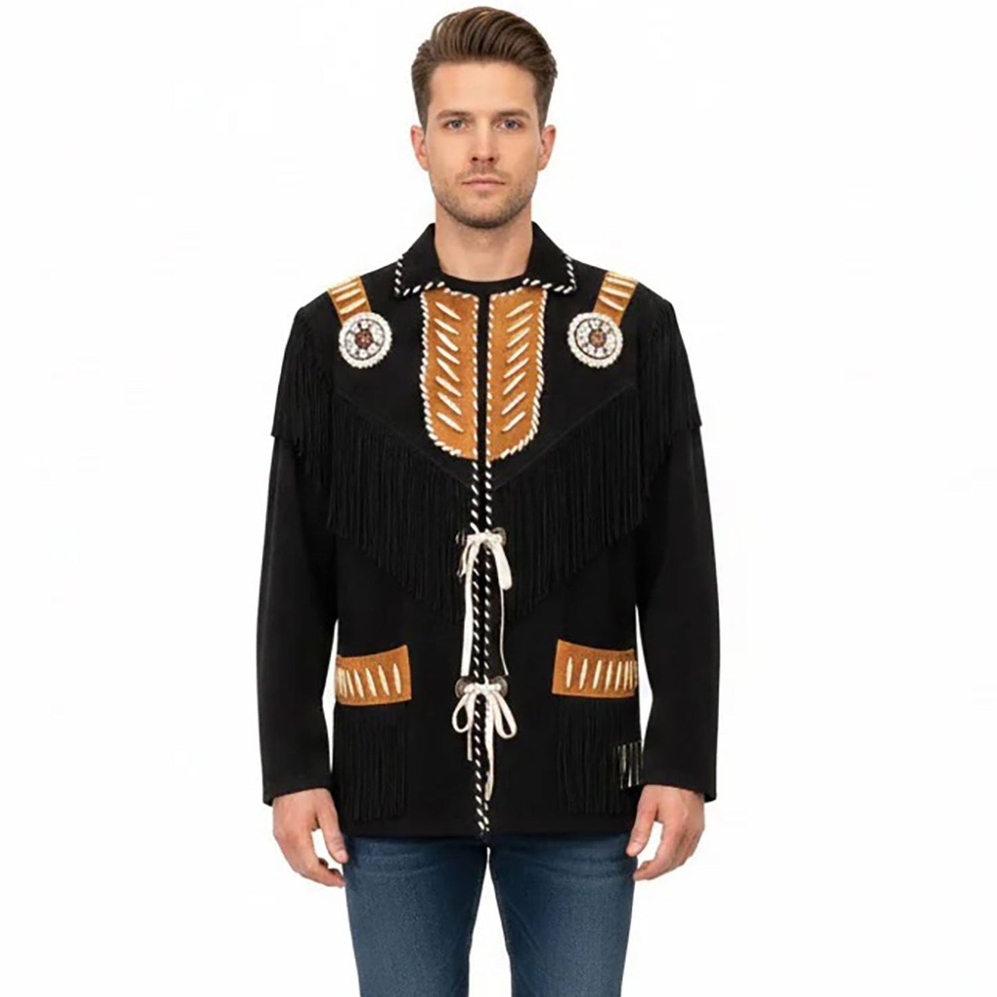 Black Western Suede Leather Fringe Eagle Beaded Cowboy Jacket NLS-233