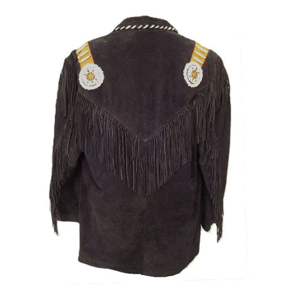 Black Western Suede Leather Fringe Eagle Beaded Cowboy Jacket NLS-233