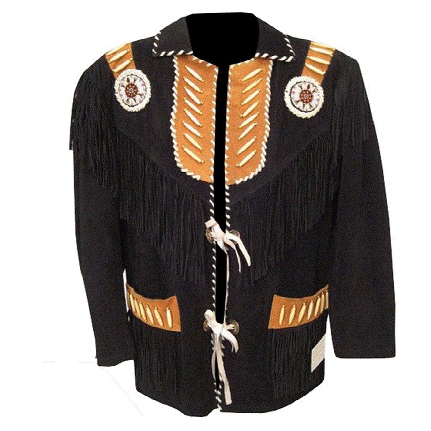 Black Western Suede Leather Fringe Eagle Beaded Cowboy Jacket NLS-233